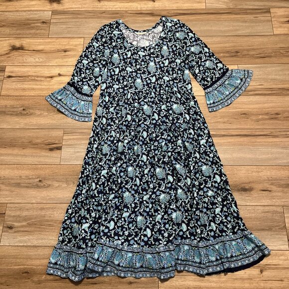 Soft Surroundings Lily Midi Dress SZ XL Lisbon Floral Blue Boho Bell Sleeve - Picture 1 of 11